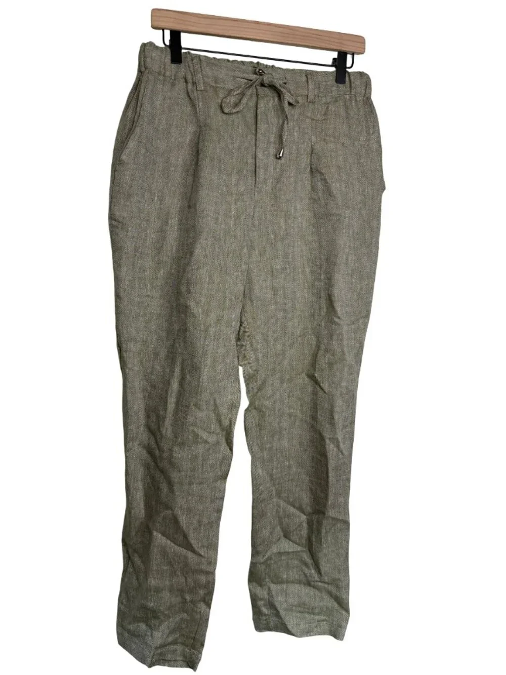 NOHOW Linen Drawstring Casual Pants Men Green Relaxed Straight Leg Size EU 50